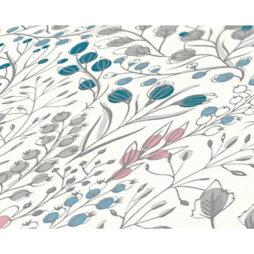 Harmonikus elrendezésű ágak levelek virágok mintája fehér rózsaszín kék zöld és ezüstszürke tónus fémes hatás tapéta