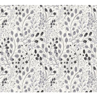   Harmonikus elrendezésű ágak levelek virágok mintája fehér szürke fekete és ezüst tónus fémes hatás tapéta