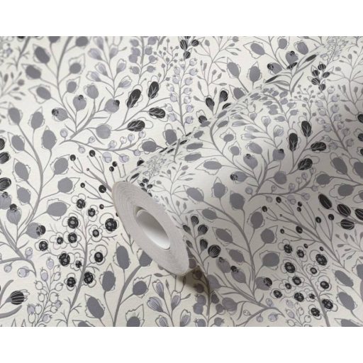 Harmonikus elrendezésű ágak levelek virágok mintája fehér szürke fekete és ezüst tónus fémes hatás tapéta
