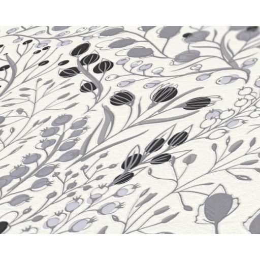 Harmonikus elrendezésű ágak levelek virágok mintája fehér szürke fekete és ezüst tónus fémes hatás tapéta