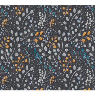   Harmonikus elrendezésű ágak levelek virágok mintája fekete szürke fehér sárga és kék tónus fémes hatás tapéta