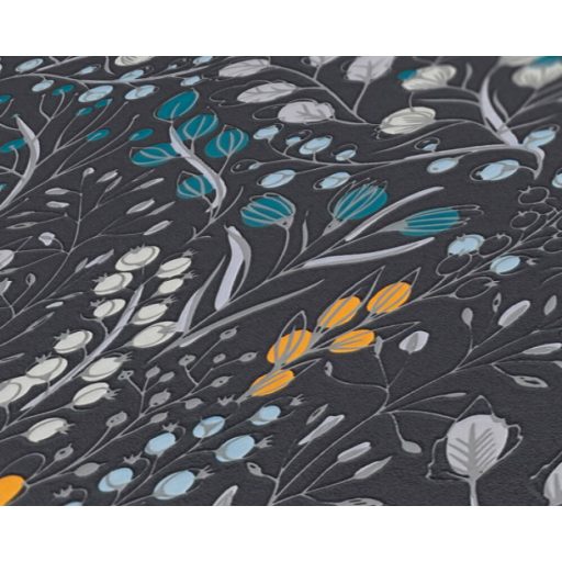 Harmonikus elrendezésű ágak levelek virágok mintája fekete szürke fehér sárga és kék tónus fémes hatás tapéta