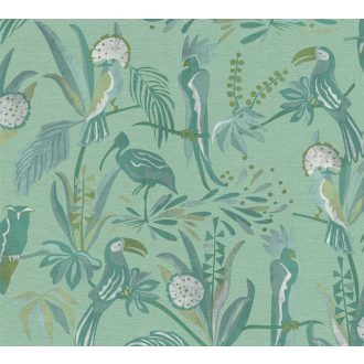   Trópusi madarak egzotikus környezetben zöld szürke és fehér tónus tapéta