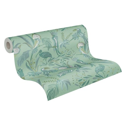 Trópusi madarak egzotikus környezetben zöld szürke és fehér tónus tapéta