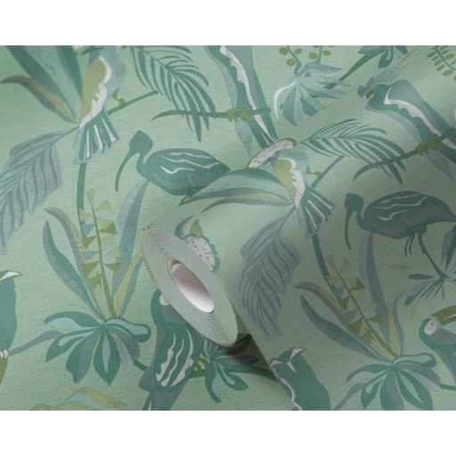 Trópusi madarak egzotikus környezetben zöld szürke és fehér tónus tapéta