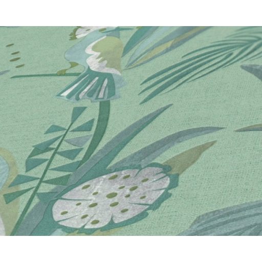 Trópusi madarak egzotikus környezetben zöld szürke és fehér tónus tapéta