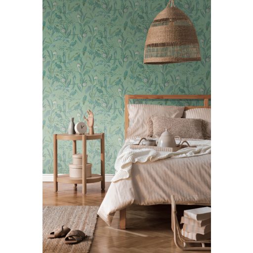 Trópusi madarak egzotikus környezetben zöld szürke és fehér tónus tapéta