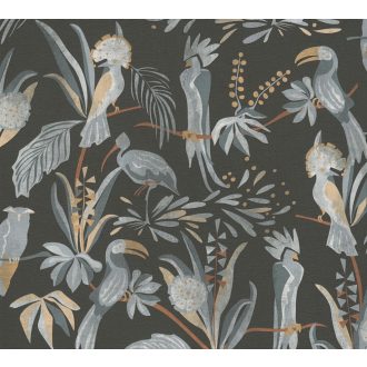   Trópusi madarak egzotikus környezetben fekete szürke bézs és fehér tónus tapéta