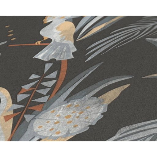 Trópusi madarak egzotikus környezetben fekete szürke bézs és fehér tónus tapéta