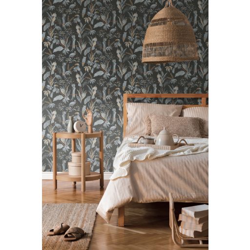 Trópusi madarak egzotikus környezetben fekete szürke bézs és fehér tónus tapéta