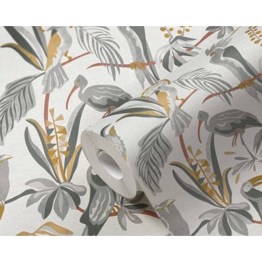 Trópusi madarak egzotikus környezetben szürkésfehér szürke okker és vörösesbarna tónus tapéta