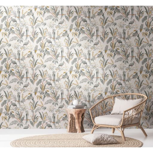 Trópusi madarak egzotikus környezetben szürkésfehér szürke okker és vörösesbarna tónus tapéta