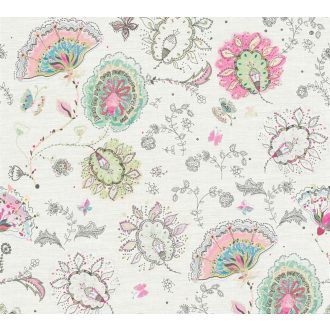   Aprólékosan kidolgozott színes arab/marokkói stílusjegyű grafikus virágminta fehér rózsaszín zöld türkiz szines tapéta