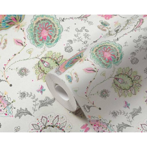 Aprólékosan kidolgozott színes arab/marokkói stílusjegyű grafikus virágminta fehér rózsaszín zöld türkiz szines tapéta