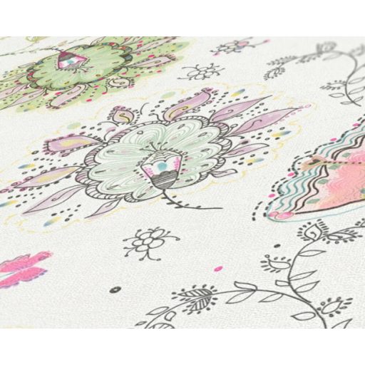 Aprólékosan kidolgozott színes arab/marokkói stílusjegyű grafikus virágminta fehér rózsaszín zöld türkiz szines tapéta