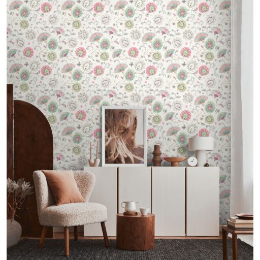 Aprólékosan kidolgozott színes arab/marokkói stílusjegyű grafikus virágminta fehér rózsaszín zöld türkiz szines tapéta