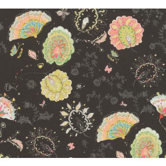   Aprólékosan kidolgozott színes arab/marokkói stílusjegyű grafikus virágminta fekete sárga zöld szines fémes ezüst tapéta