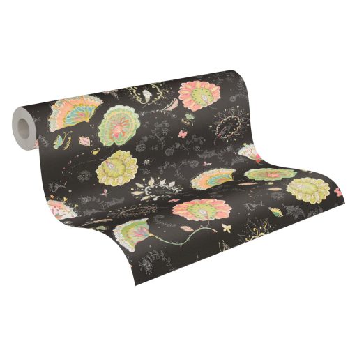 Aprólékosan kidolgozott színes arab/marokkói stílusjegyű grafikus virágminta fekete sárga zöld szines fémes ezüst tapéta