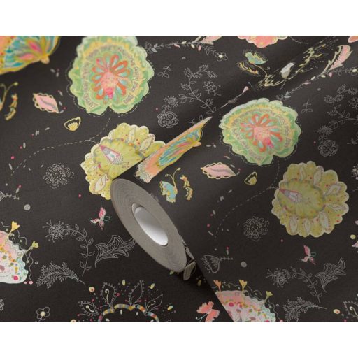 Aprólékosan kidolgozott színes arab/marokkói stílusjegyű grafikus virágminta fekete sárga zöld szines fémes ezüst tapéta