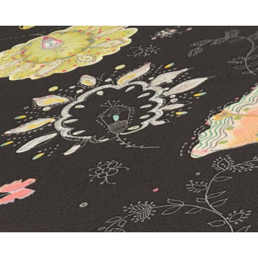 Aprólékosan kidolgozott színes arab/marokkói stílusjegyű grafikus virágminta fekete sárga zöld szines fémes ezüst tapéta