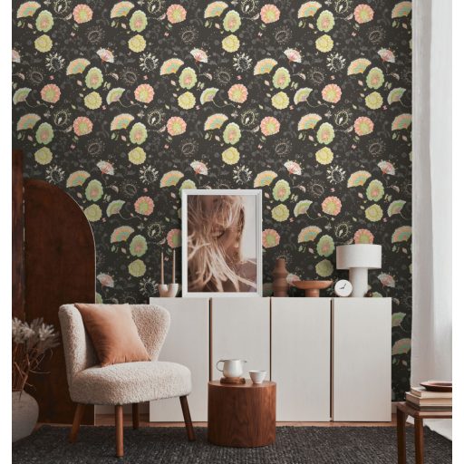 Aprólékosan kidolgozott színes arab/marokkói stílusjegyű grafikus virágminta fekete sárga zöld szines fémes ezüst tapéta