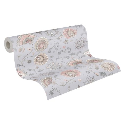 Aprólékosan kidolgozott színes arab/marokkói stílusjegyű grafikus virágminta szürke bézs rózsaszín és fekete tónus tapéta