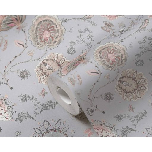 Aprólékosan kidolgozott színes arab/marokkói stílusjegyű grafikus virágminta szürke bézs rózsaszín és fekete tónus tapéta