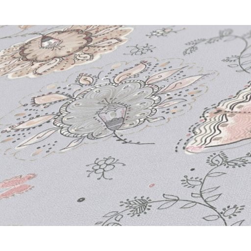 Aprólékosan kidolgozott színes arab/marokkói stílusjegyű grafikus virágminta szürke bézs rózsaszín és fekete tónus tapéta