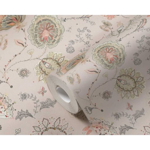 Aprólékosan kidolgozott színes arab/marokkói stílusjegyű grafikus virágminta bézs szürke rózsaszín krém és fekete tónus tapéta