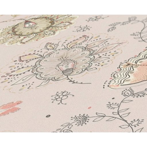 Aprólékosan kidolgozott színes arab/marokkói stílusjegyű grafikus virágminta bézs szürke rózsaszín krém és fekete tónus tapéta