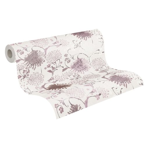 Stilizált levelek virágok grafikus mintája krémfehér rózsaszín mályva és barna tónus tapéta