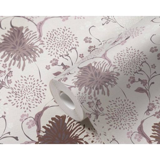 Stilizált levelek virágok grafikus mintája krémfehér rózsaszín mályva és barna tónus tapéta