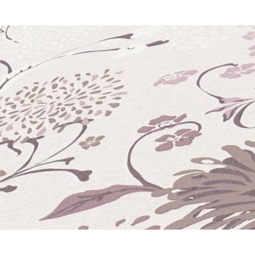 Stilizált levelek virágok grafikus mintája krémfehér rózsaszín mályva és barna tónus tapéta