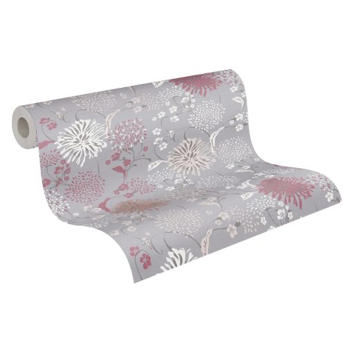 Stilizált levelek virágok grafikus mintája szürke bézs barna mályva fehér és antracit tónus tapéta