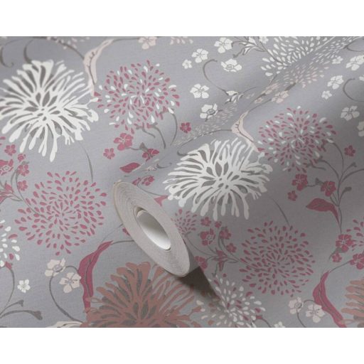 Stilizált levelek virágok grafikus mintája szürke bézs barna mályva fehér és antracit tónus tapéta