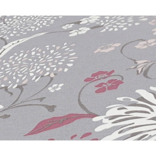 Stilizált levelek virágok grafikus mintája szürke bézs barna mályva fehér és antracit tónus tapéta