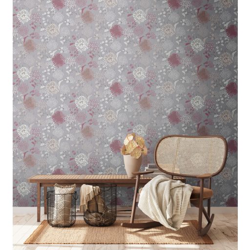 Stilizált levelek virágok grafikus mintája szürke bézs barna mályva fehér és antracit tónus tapéta