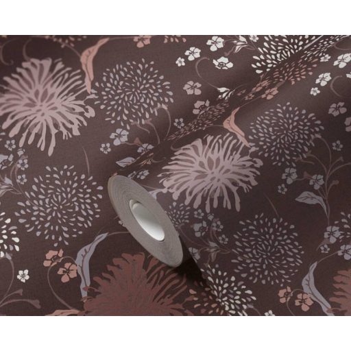 Stilizált levelek virágok grafikus mintája lilás barna szürke bézs barna és mályva tónus tapéta