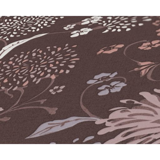 Stilizált levelek virágok grafikus mintája lilás barna szürke bézs barna és mályva tónus tapéta