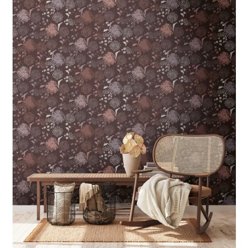 Stilizált levelek virágok grafikus mintája lilás barna szürke bézs barna és mályva tónus tapéta