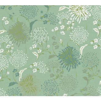   Stilizált levelek virágok grafikus mintája zöld kékeszöld fehér és fémes neonzöld tónus tapéta