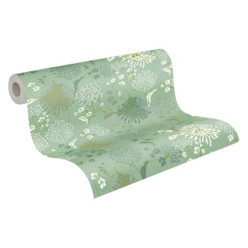 Stilizált levelek virágok grafikus mintája zöld kékeszöld fehér és fémes neonzöld tónus tapéta