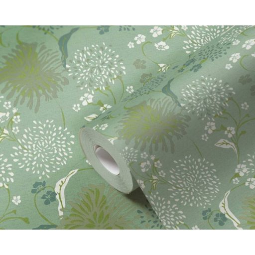 Stilizált levelek virágok grafikus mintája zöld kékeszöld fehér és fémes neonzöld tónus tapéta