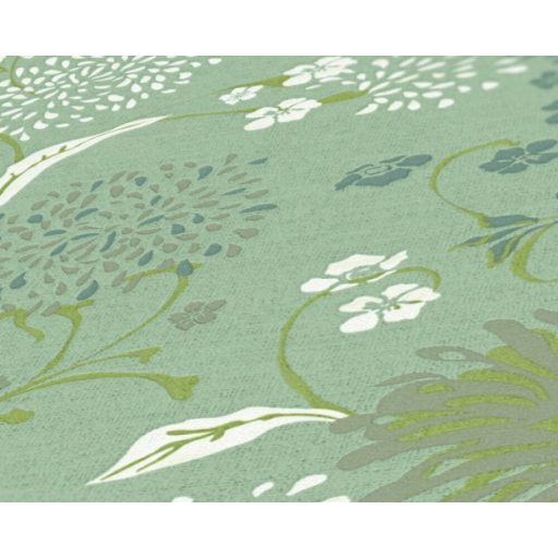 Stilizált levelek virágok grafikus mintája zöld kékeszöld fehér és fémes neonzöld tónus tapéta