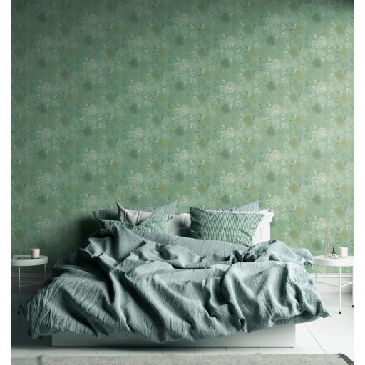 Stilizált levelek virágok grafikus mintája zöld kékeszöld fehér és fémes neonzöld tónus tapéta