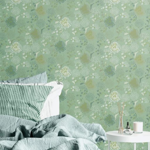 Stilizált levelek virágok grafikus mintája zöld kékeszöld fehér és fémes neonzöld tónus tapéta