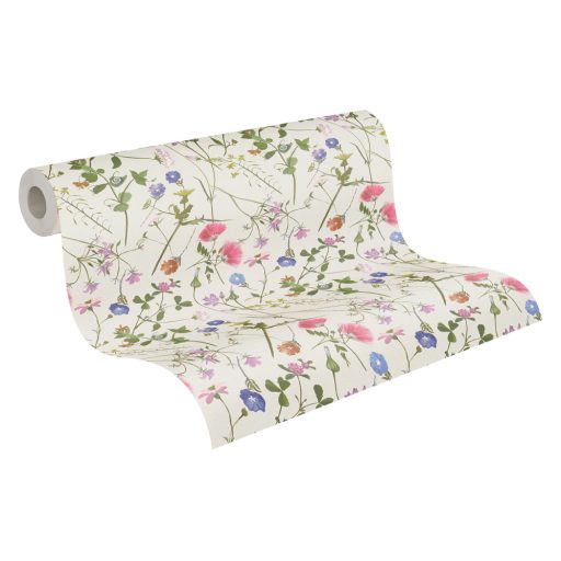 Varázslatos színekben pompázó mezei virágok törtfehér zöld kék korall szines tapéta