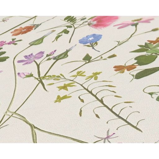 Varázslatos színekben pompázó mezei virágok törtfehér zöld kék korall szines tapéta