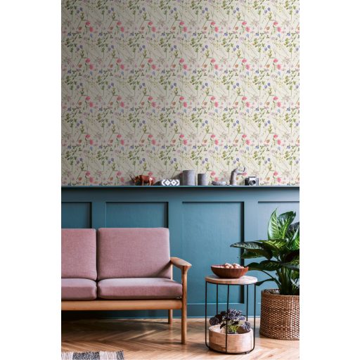 Varázslatos színekben pompázó mezei virágok törtfehér zöld kék korall szines tapéta