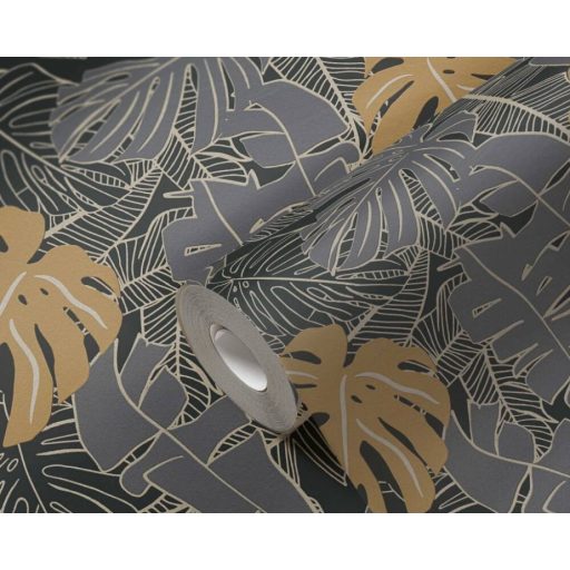 Modern és dekoratív trópusi levelek mintája antracit szürke és sárga tónus  fémes bézsarany mintarajzolat tapéta